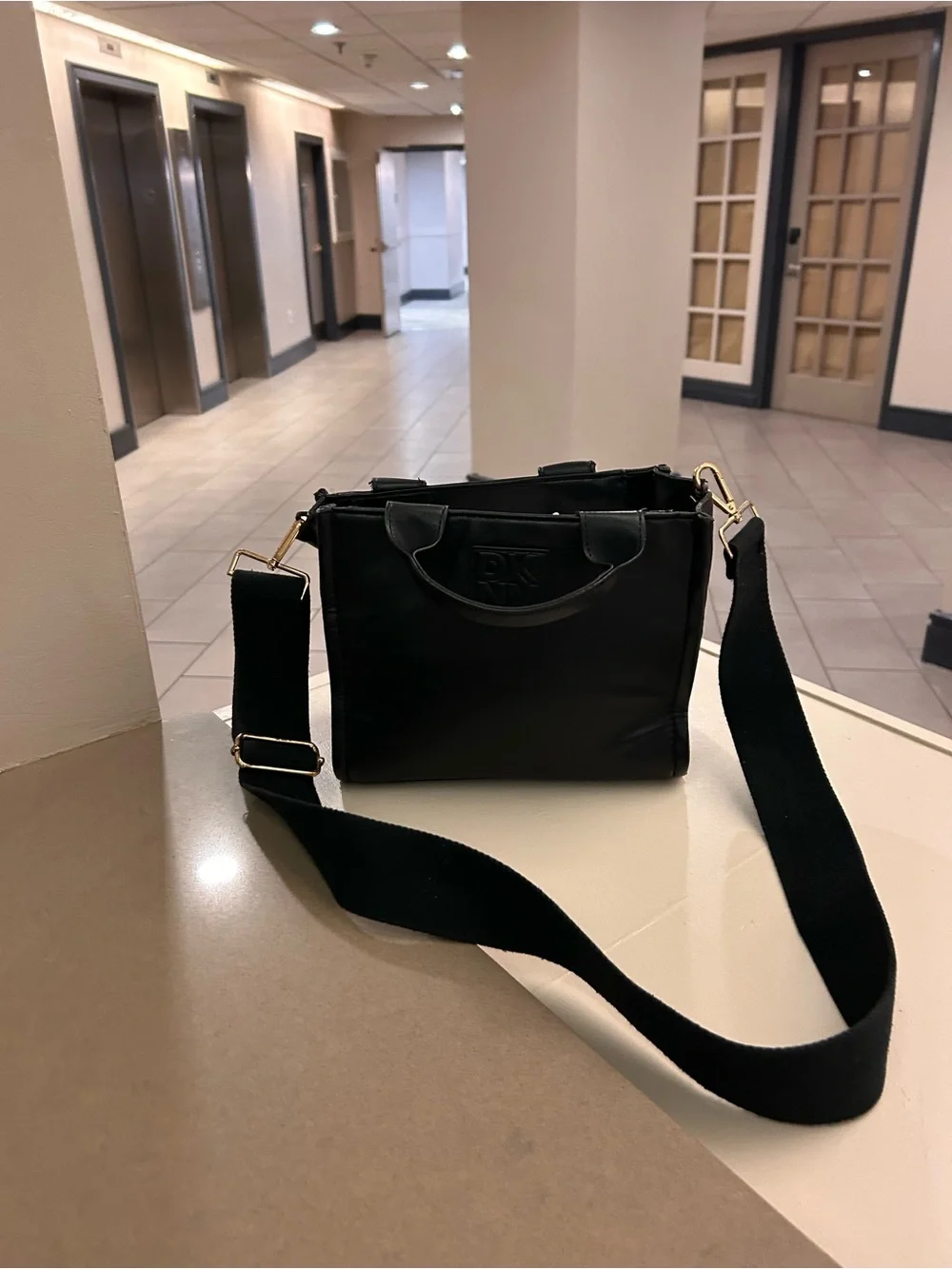 DKNY Black Leather Square Crossbody with Gold-Tone Accents NEW